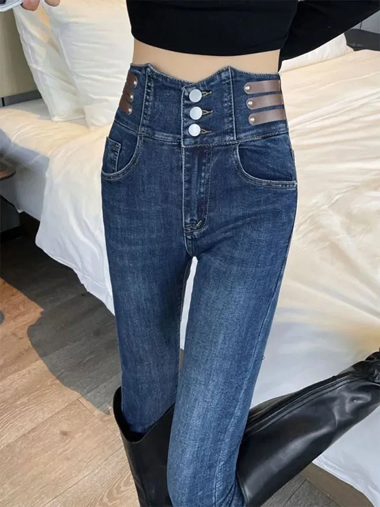 Woman Korean Streetwear Stretch Denim Pants Skinny Hight Waist Pencil Jeans Spring Vintage Casual Kot Pantolon Slim Vaqueros