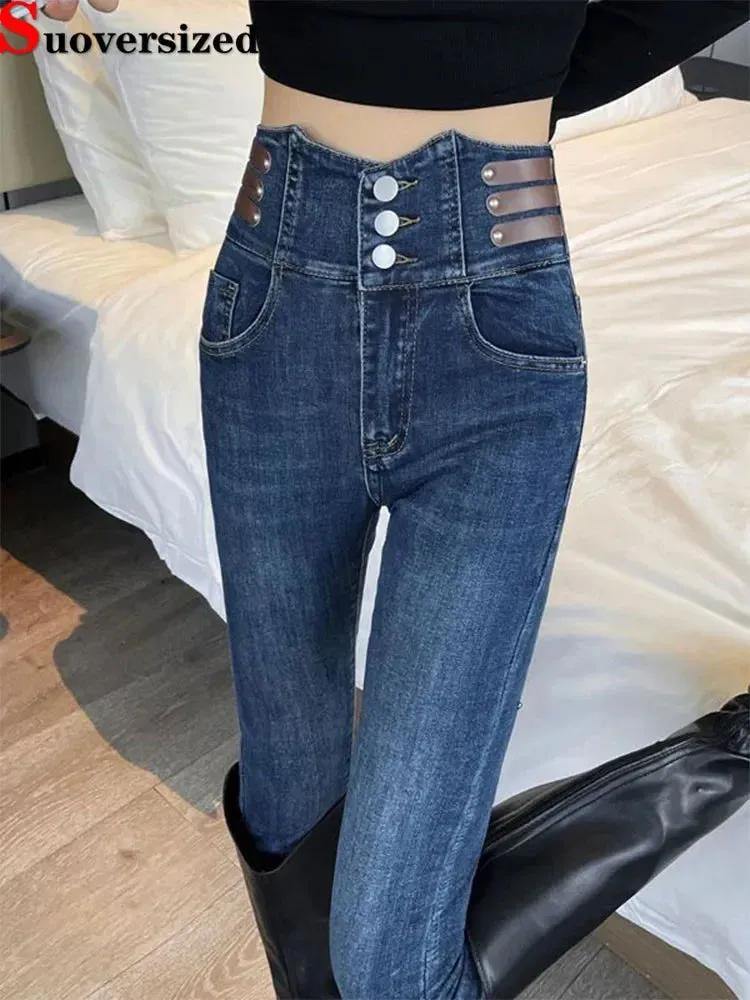 Woman Korean Streetwear Stretch Denim Pants Skinny Hight Waist Pencil Jeans Spring Vintage Casual Kot Pantolon Slim Vaqueros